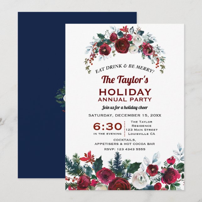 Burgundy Floral Pine Holiday Annual Party Invitation (Front/Back)