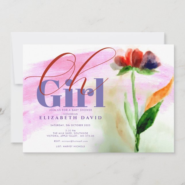 Burgundy Floral Pink Abstract Baby Girl Shower Invitation (Front)