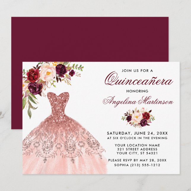 Burgundy Floral Pink Glitter Dress Quinceanera Invitation (Front/Back)