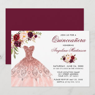 Burgundy Floral Pink Glitter Dress Quinceanera Invitation