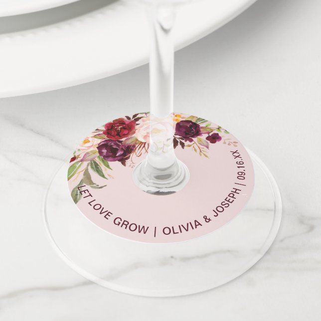 Burgundy Floral Pink Wedding Wine Glass Tag (Close Up)
