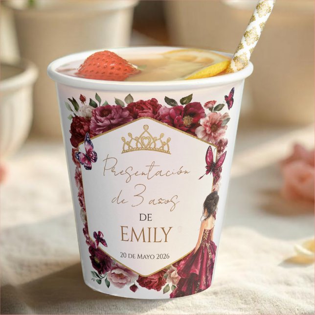 Burgundy Floral Presentación de 3 años Paper Cups (Creator Uploaded)
