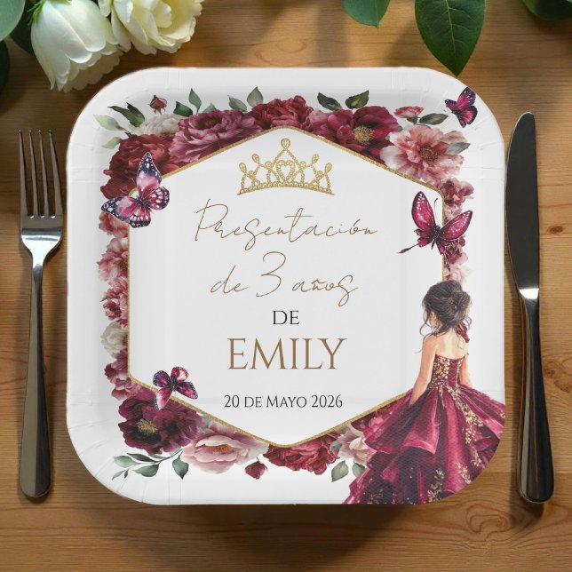 Burgundy Floral Presentación de 3 años Paper Plate (Creator Uploaded)