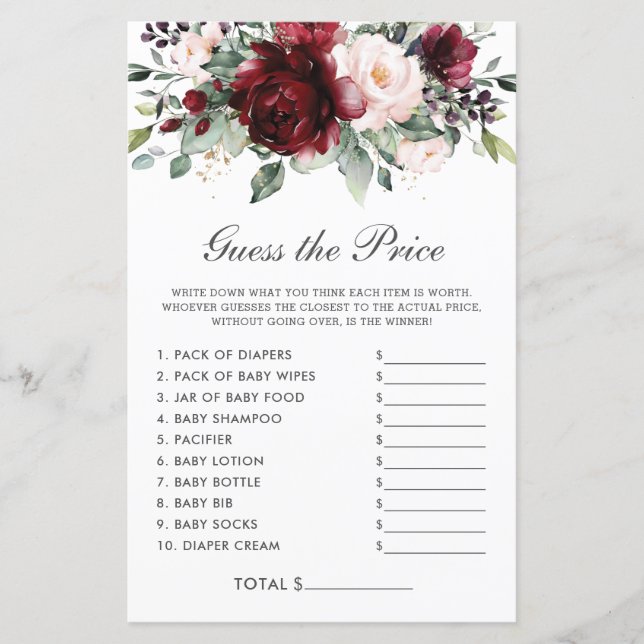 Burgundy Floral Price Guessing Baby Shower Game (Front)