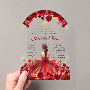 Burgundy Floral Princess Gold Quinceanera Acrylic Invitations