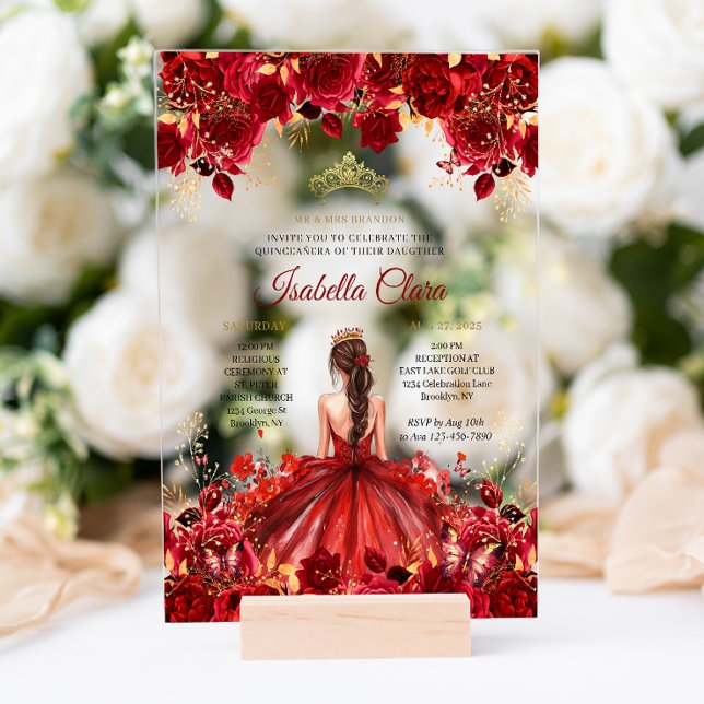 Burgundy Floral Princess Gold Quinceanera Acrylic Invitations (Creator Uploaded)