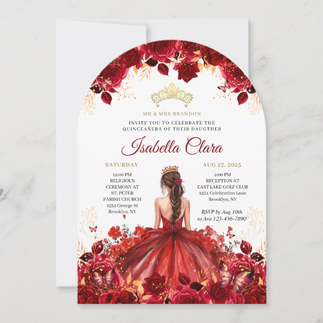 Burgundy Floral Princess Gold Quinceanera Invitati Invitation (Front)