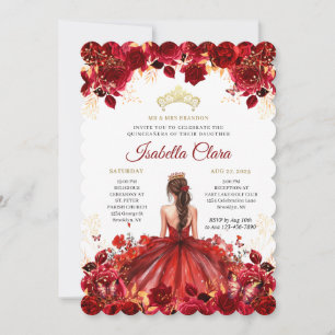Burgundy Floral Princess Gold Quinceanera Invitati Invitation