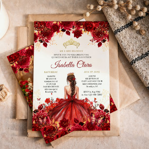 Burgundy Floral Princess Gold Quinceanera Invitation