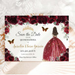 Burgundy Floral Princess Gold Quinceañera Sweet 16 Save The Date<br><div class="desc">(c) The Happy Cat Studio</div>