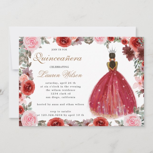 burgundy floral princess Quinceanera Invitation (Front)