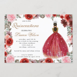 burgundy floral princess Quinceanera Invitation