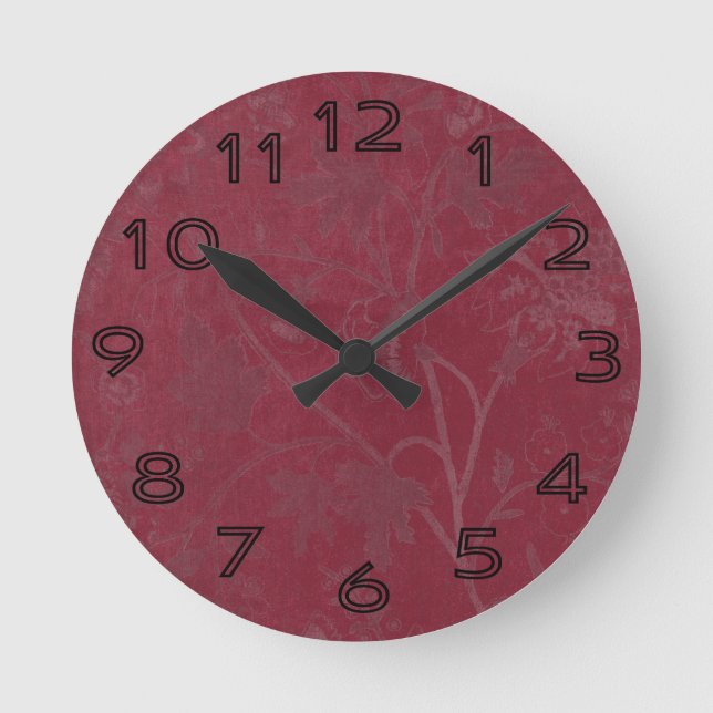 Burgundy Floral Print Background Round Clock (Front)