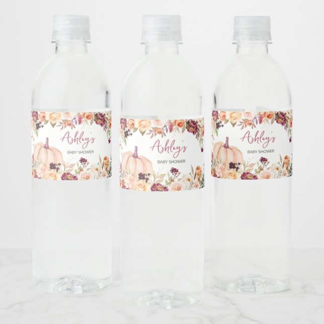 Burgundy Floral Pumpkin Baby Shower  Water Bottle Label (Bottles)