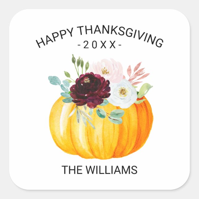 Burgundy Floral Pumpkin Custom Happy Thanksgiving Square Sticker (Front)