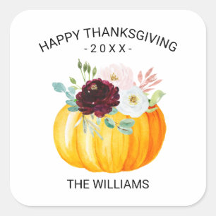 Burgundy Floral Pumpkin Custom Happy Thanksgiving Square Sticker