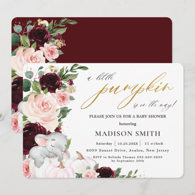 Burgundy Floral Pumpkin Elephant Baby Shower    In Invitation (Front/Back)