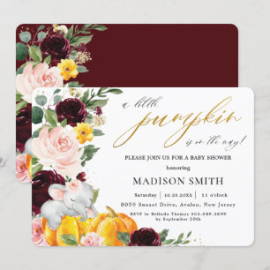 Burgundy Floral Pumpkin Elephant Baby Shower    Invitation
