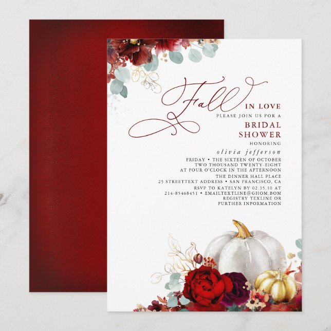 Burgundy Floral Pumpkin Fall In Love Bridal Shower Invitation (Front/Back)