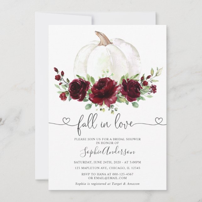 Burgundy Floral Pumpkin Fall in Love Bridal Shower Invitation (Front)