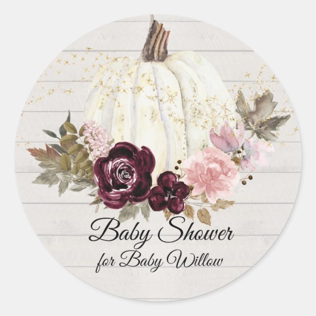 Burgundy Floral Pumpkin Gold Wooden Baby Shower Classic Round Sticker (Front)
