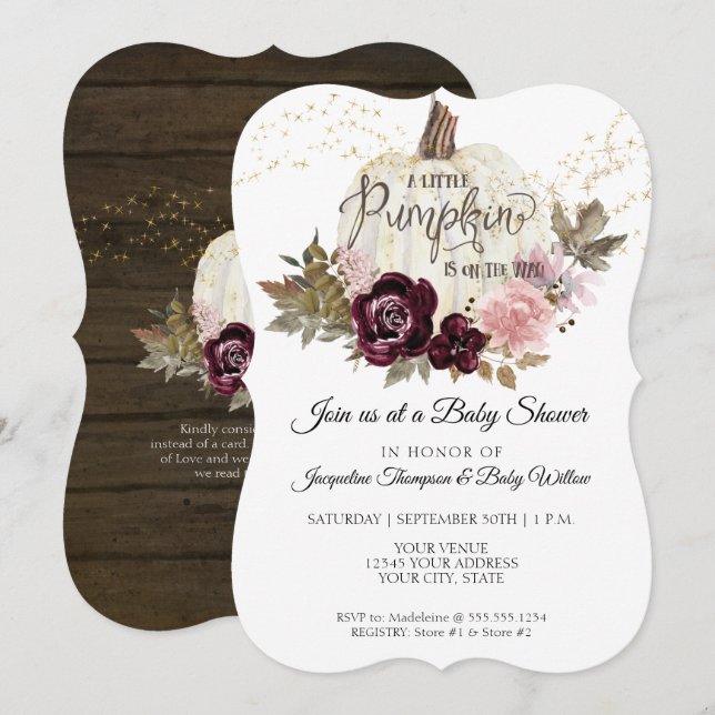Burgundy Floral Pumpkin Pink Gold Baby Girl Shower Invitation (Front/Back)
