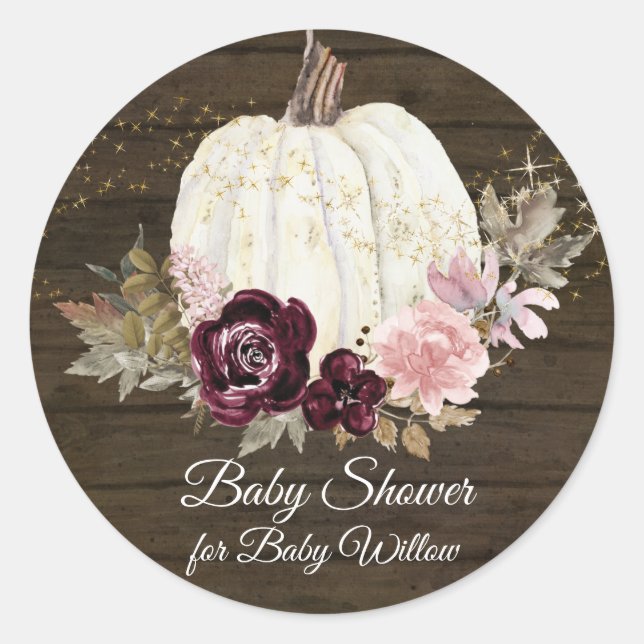 Burgundy Floral Pumpkin Pink Gold Wood Baby Shower Classic Round Sticker (Front)