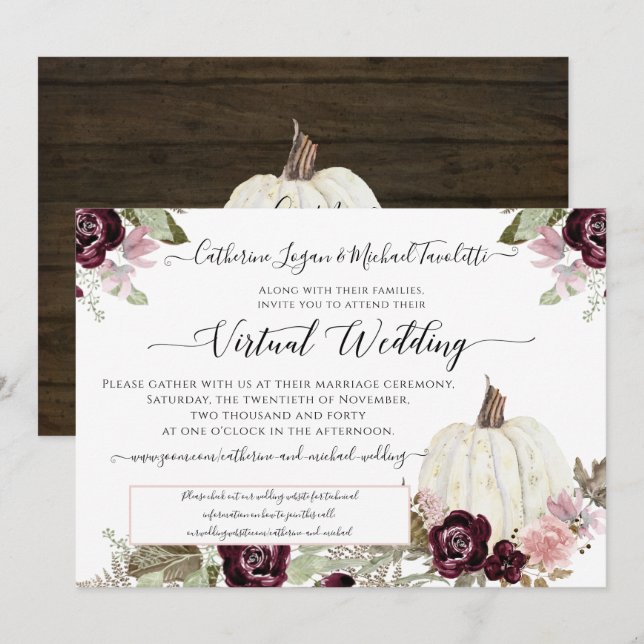 Burgundy Floral Pumpkin Rustic Virtual Wedding Invitation (Front/Back)
