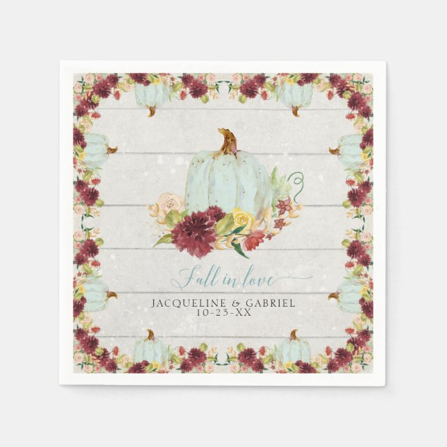 Burgundy Floral  Pumpkin Rustic Wood Fall in Love Napkin (Front)