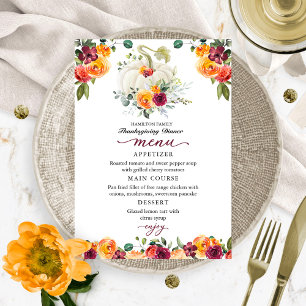 Burgundy Floral Pumpkin Thanksgiving Dinner Menu