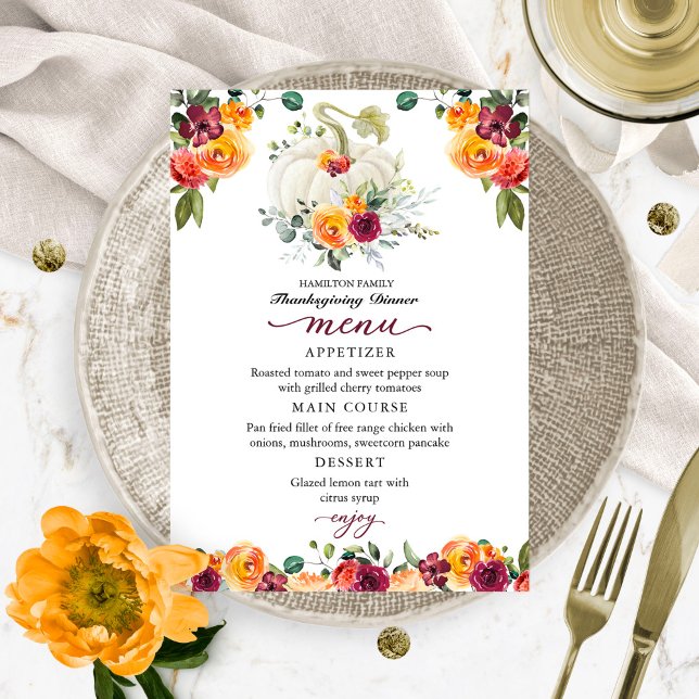Burgundy Floral Pumpkin Thanksgiving Dinner Menu (Creator Uploaded)