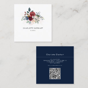 Burgundy Floral QR Code Botanical Florist Square Business Card