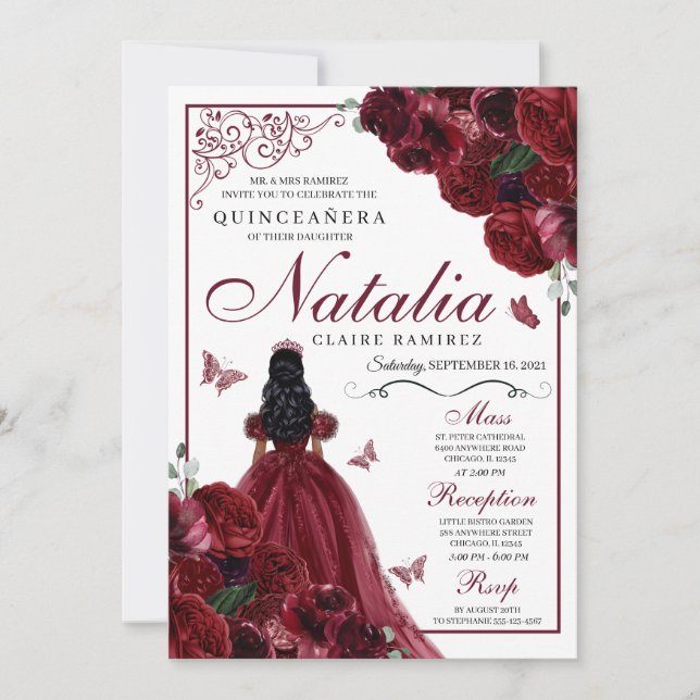 Burgundy Floral Quinceanera Birthday Invitation (Front)
