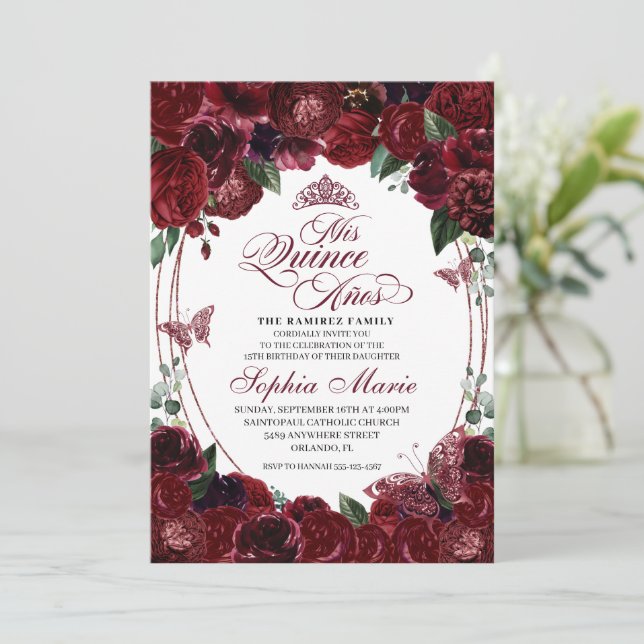 Burgundy Floral Quinceanera Birthday Invitation (Standing Front)
