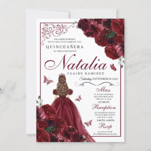 Burgundy Floral Quinceanera Birthday Invitation
