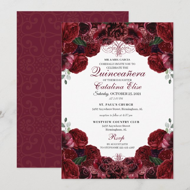 Burgundy Floral Quinceanera Birthday Invitation (Front/Back)