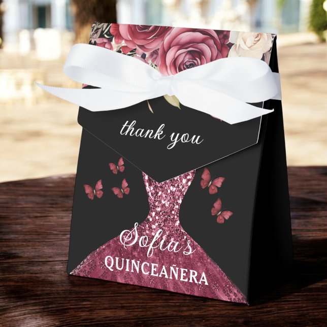 Burgundy Floral Quinceañera Butterflies Favour Box (Creator Uploaded)