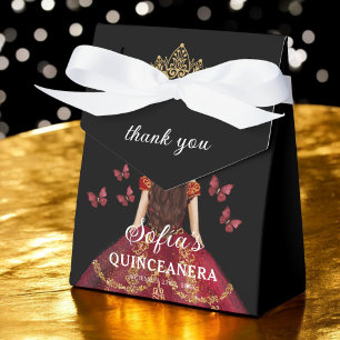 Burgundy Floral Quinceañera Butterflies Favour Box