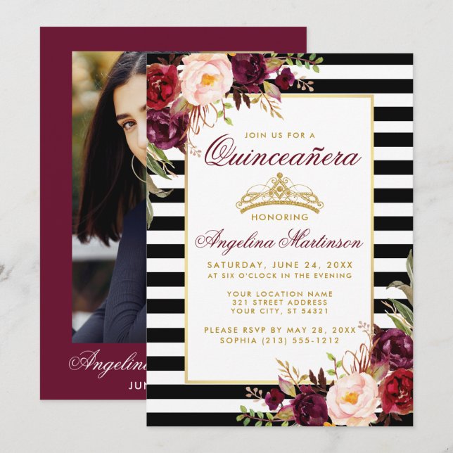 Burgundy Floral Quinceanera Crown Stripes Photo Invitation (Front/Back)