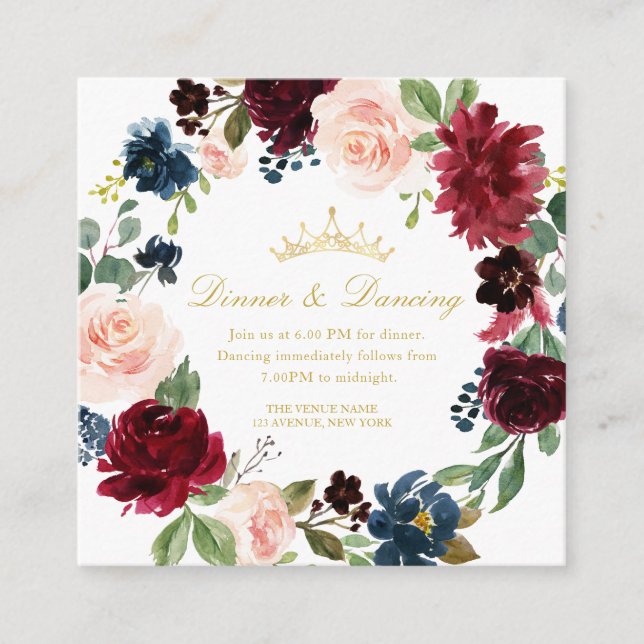 Burgundy floral Quinceañera Dinner & Dancing card (Front)