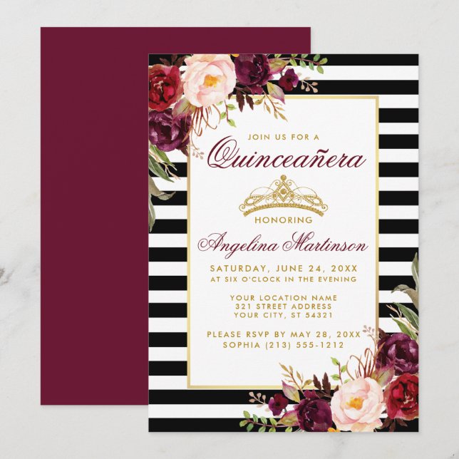 Burgundy Floral Quinceanera Gold Crown Stripes Invitation (Front/Back)