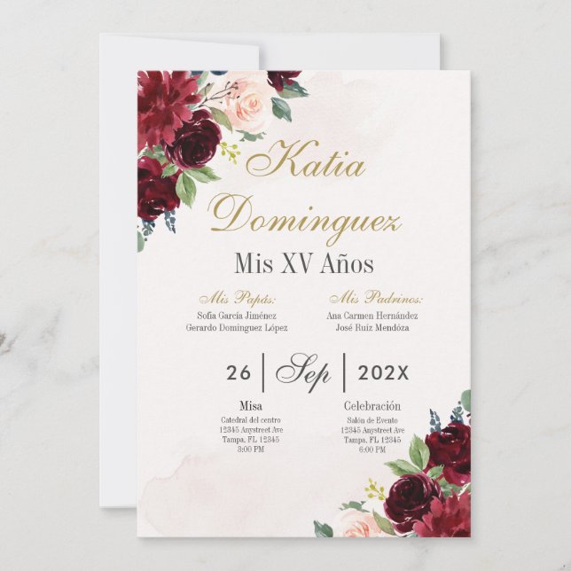 Burgundy Floral Quinceanera invitation (Front)