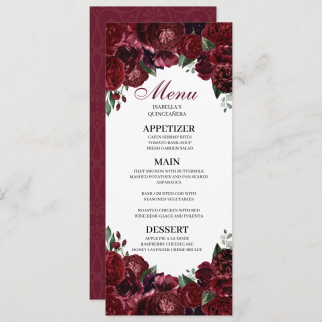 Burgundy Floral Quinceanera Menu Invitation (Front/Back)