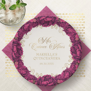 Burgundy Floral Quinceanera Paper Plate