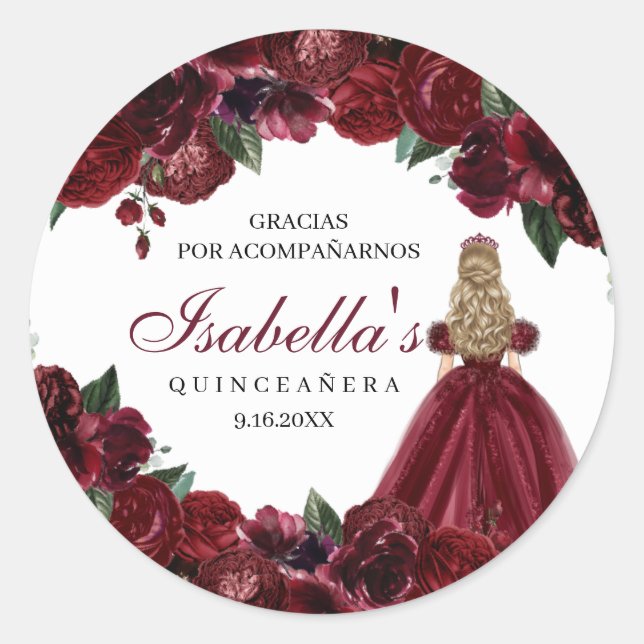 Burgundy Floral Quinceanera Round Stickers (Front)