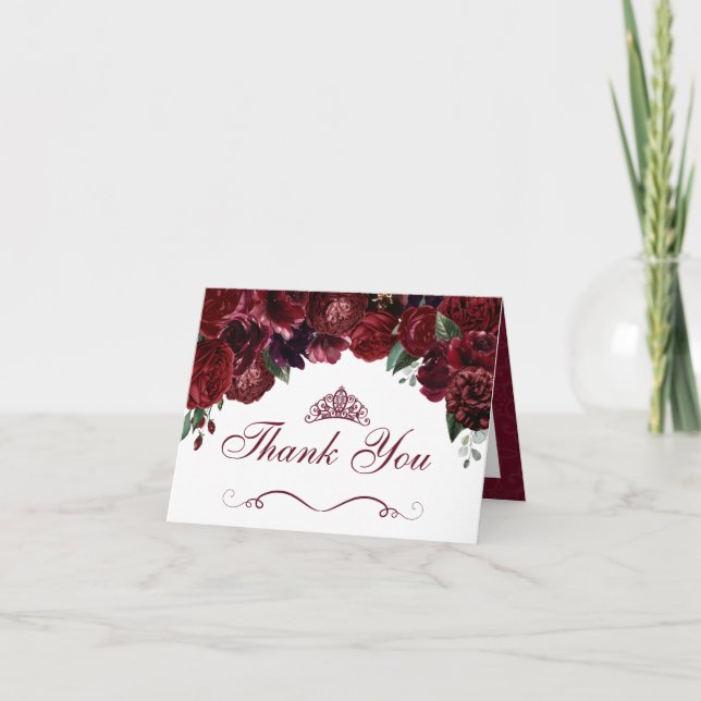 Burgundy Floral Quinceanera Thank You Invitation (Front)