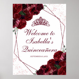 Burgundy Floral Quinceanera Welcome Sign