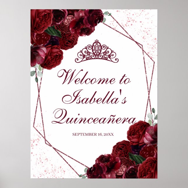 Burgundy Floral Quinceanera Welcome Sign (Front)