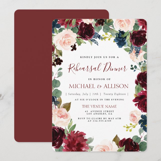 burgundy floral rehearsal dinner invitation (Front/Back)