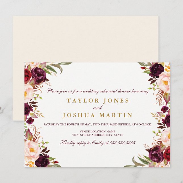 Burgundy Floral Rehearsal Dinner Invite (Front/Back)